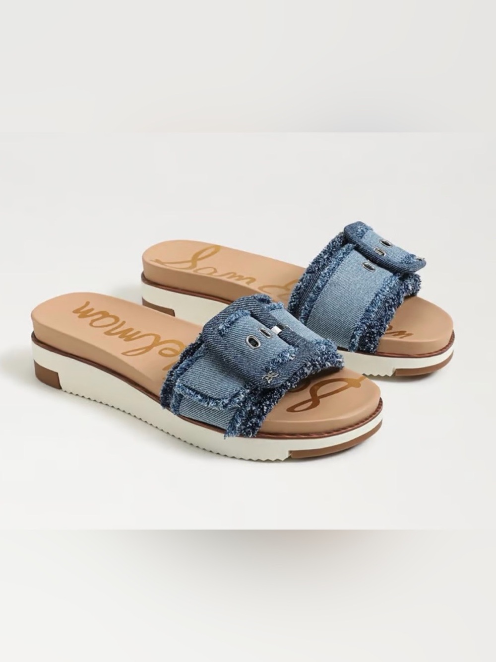 NWOB Sam Edelman Ariane Fray Slide Sandals Blue Denim Multi 8 Festival Boho